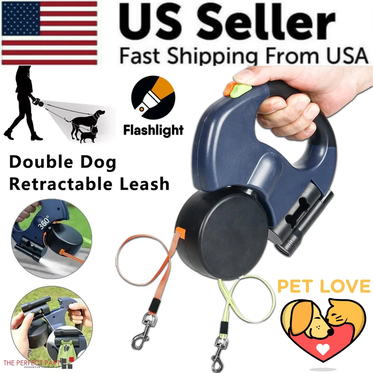 Dual Pet Leash – Retractable Reflective Lead with 360° Swivel for Double Dog Walking